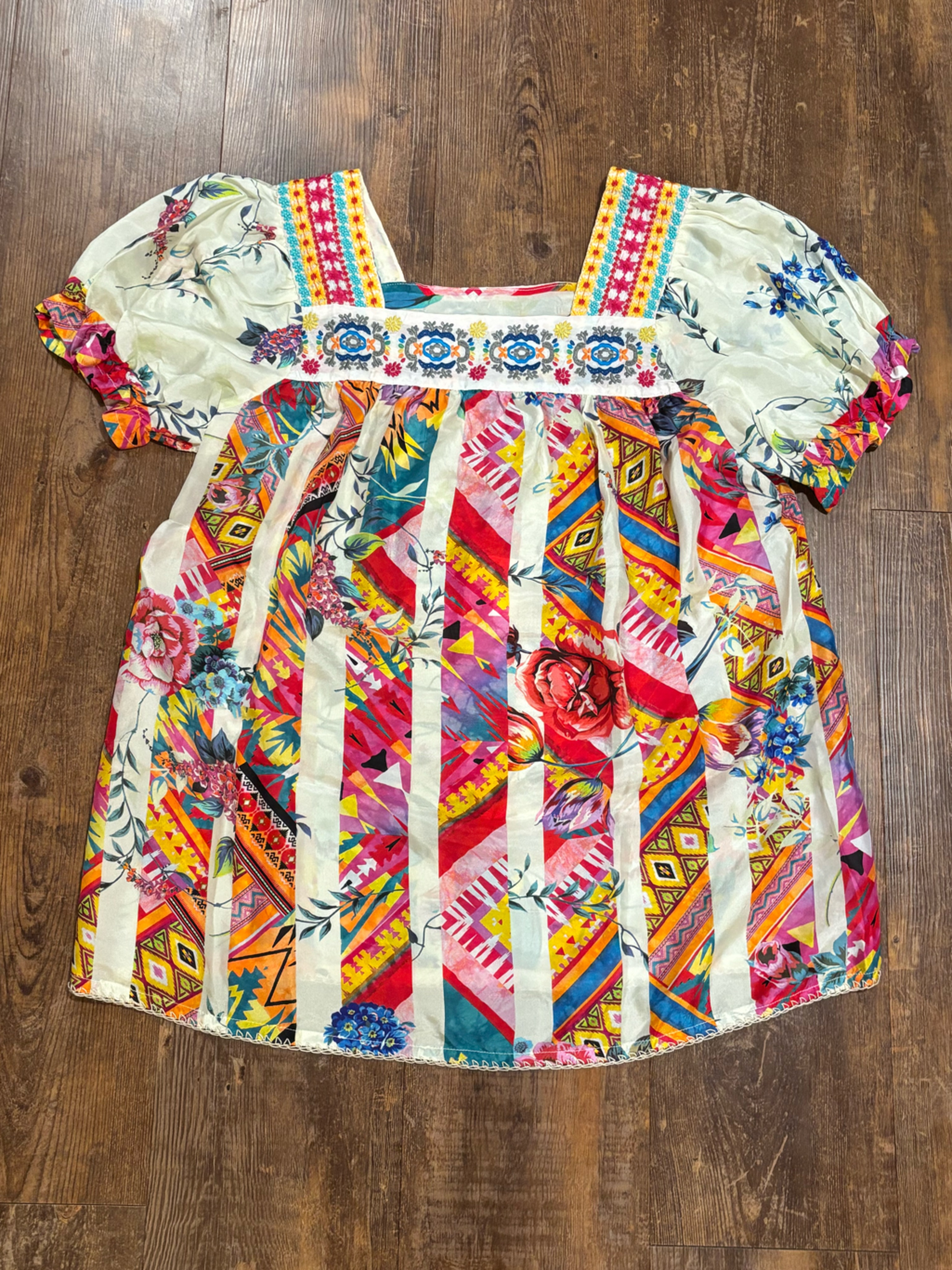 Johnny Was Multicolor Floral Embroidered Blouse - Teal, Yellow, Pink